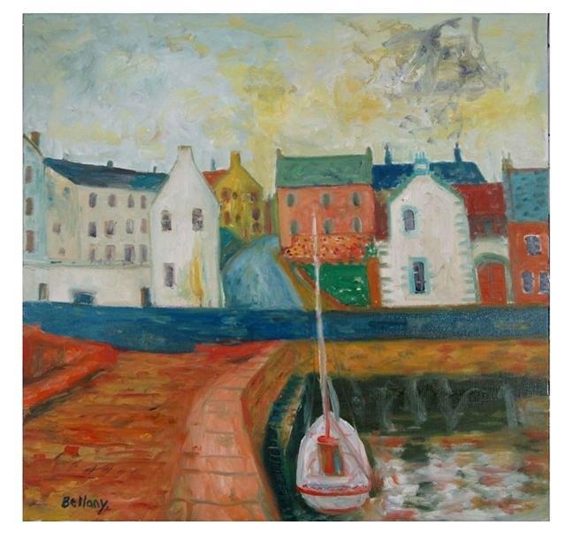 Appraisal: JOHN BELLANY b - Harbour with moored sailing vessel signed