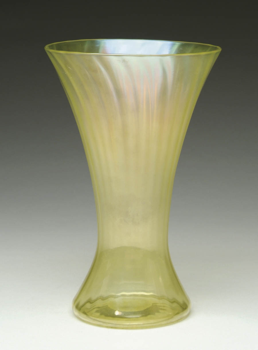 Appraisal: IRIDESCENT ART GLASS VASE Citron in color with vertical ribbing