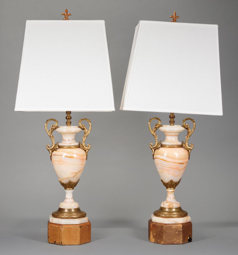 Appraisal: Pair of Louis XVI-Style Bronze-Mounted Onyx Urn Lamps octagonal wood