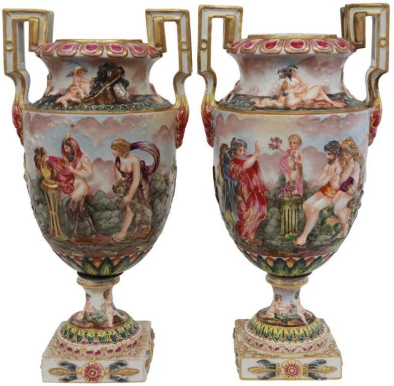 Appraisal: pair Capodimonte parcel gilt porcelain urns having dual squared handles