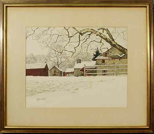 Appraisal: Watercolor winter landscape painting of a pointed stone barn and