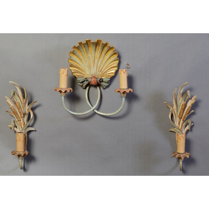 Appraisal: Three Piece French Carved Polychromed Beech Sconce Set th c