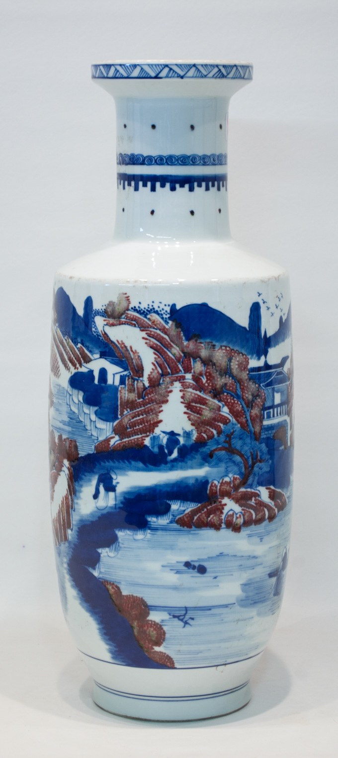 Appraisal: CHINESE PORCELAIN VASE rouleau form hand painted red and blue