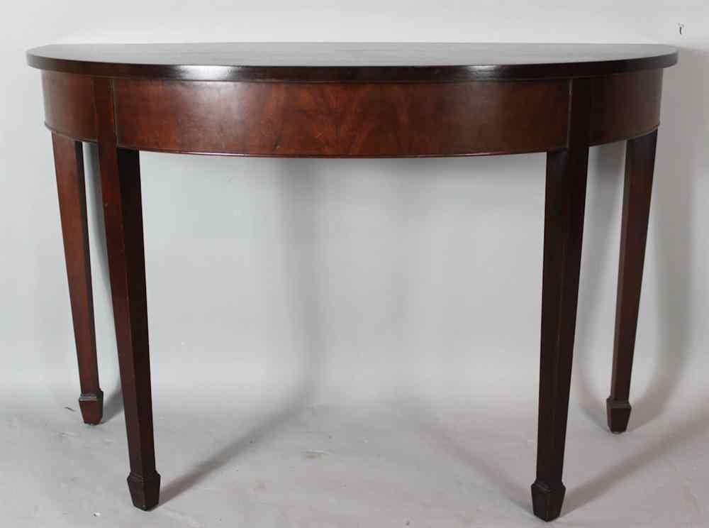 Appraisal: GEORGE III STYLE MAHOGANY DEMILUNE SIDE TABLE STAMPED OLD COLONY