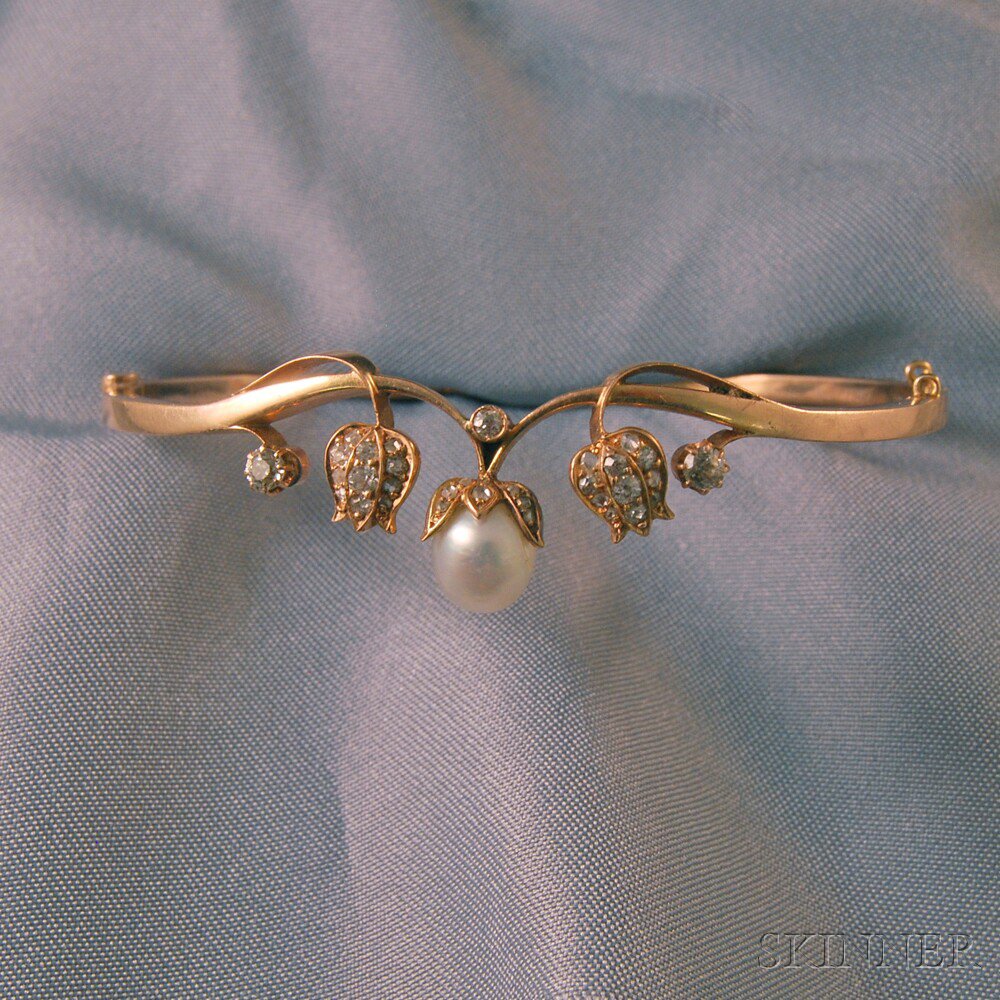 Appraisal: kt Gold Pearl and Diamond Hinged Bangle Bracelet the thin