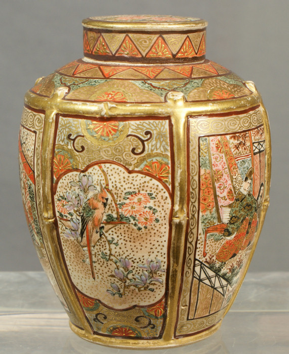 Appraisal: Fine quality Satsuma tea caddy delicately painted panels scene panels