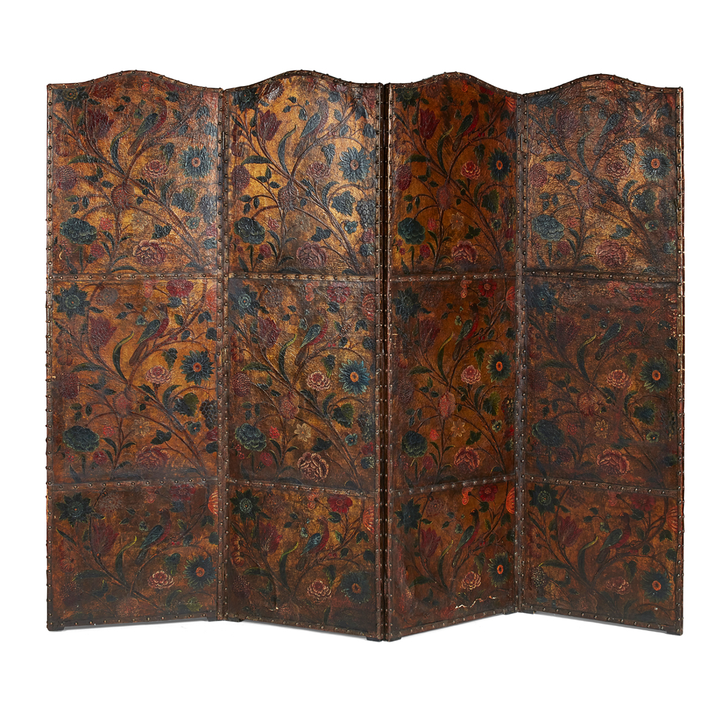 Appraisal: FINE DUTCH POLYCHROME AND GILT LEATHER FOUR PANEL SCREEN TH