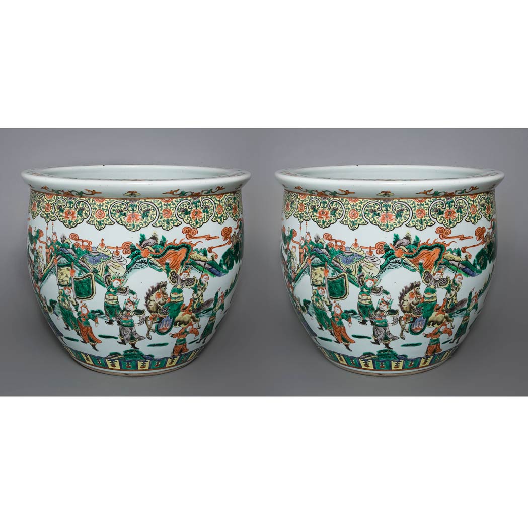 Appraisal: Pair of Chinese Famille Verte Porcelain Fish Bowls Each worked