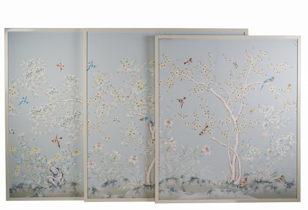 Appraisal: THREE FRAMED GRACIE STUDIO WALLPAPER PANELScomprising a matched pair of