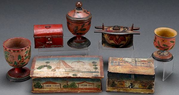 Appraisal: PAINTED WOOD AND TREENWARE CONTAINERS A COLLECTION OF SIX EARLY