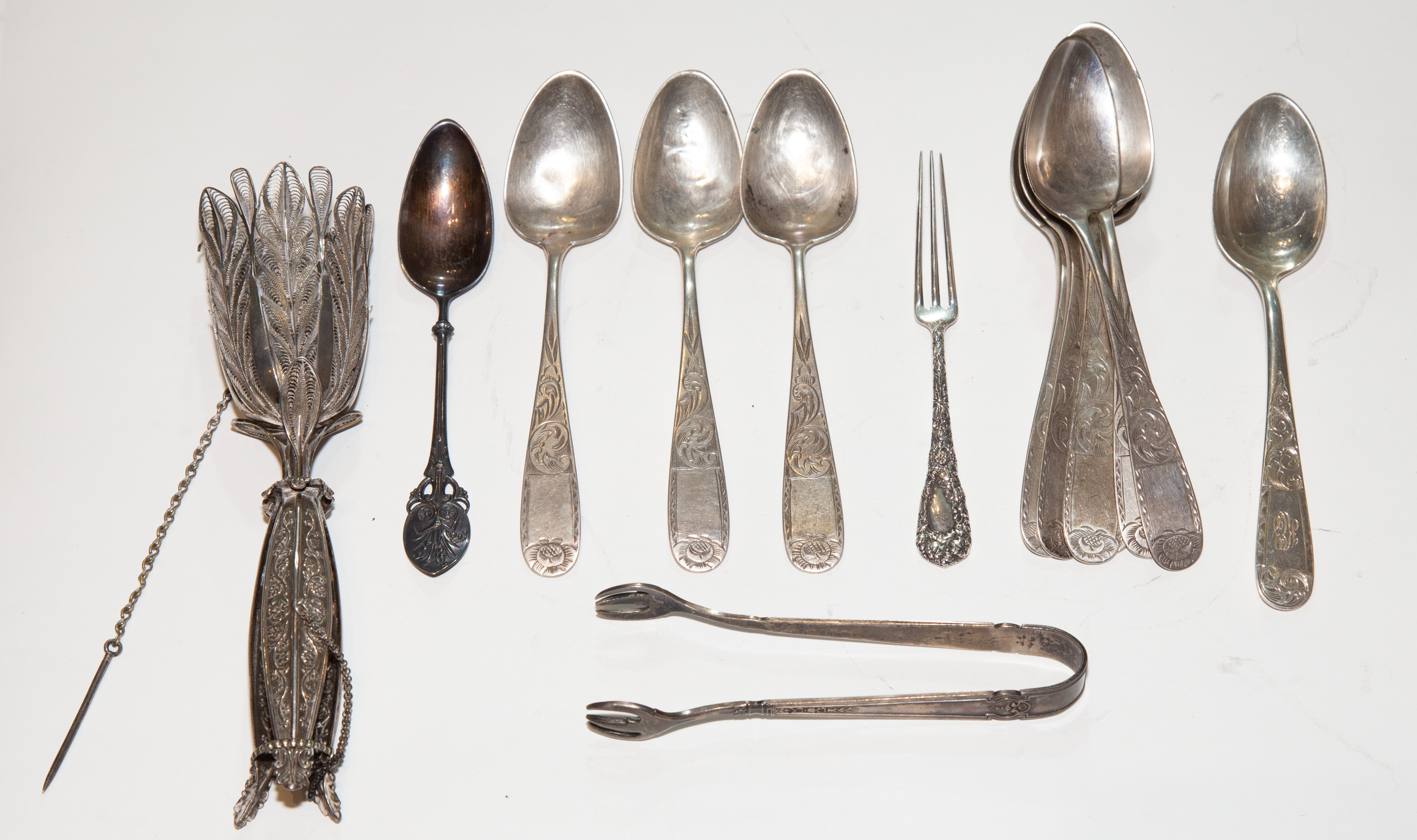 Appraisal: GROUP COIN STERLING SILVER FLATWARE Including nine bright-cut coin silver