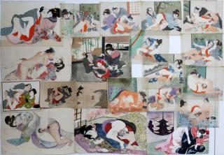 Appraisal: JAPANESE SHUNGA STYLE WATERCOLOR GOUACHE PAINTINGS ON PAPER SILK IMAGES