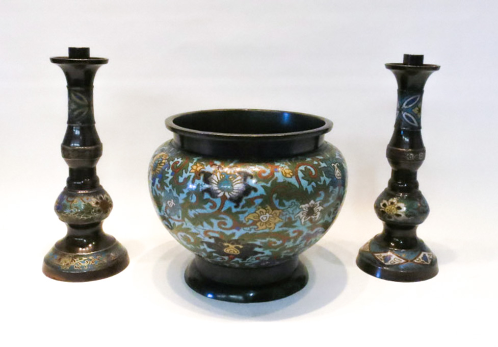 Appraisal: CLOISONNE AND BRONZED METAL GARNITURE SET three pieces comprised of