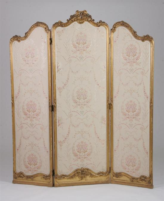 Appraisal: LOUIS XV STYLE THREE-PANEL FOLDING SCREEN mid- th century Scalamandre