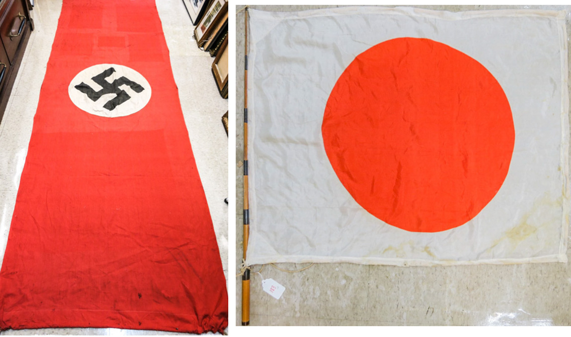 Appraisal: TWO WORLD WAR TWO FLAGS silk Japanese Hinomaru sun disc