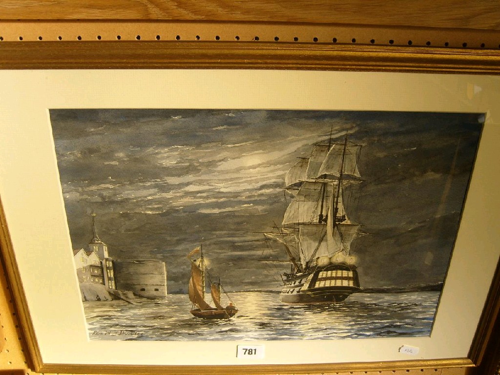 Appraisal: A watercolour of a moonlit scene with th century style