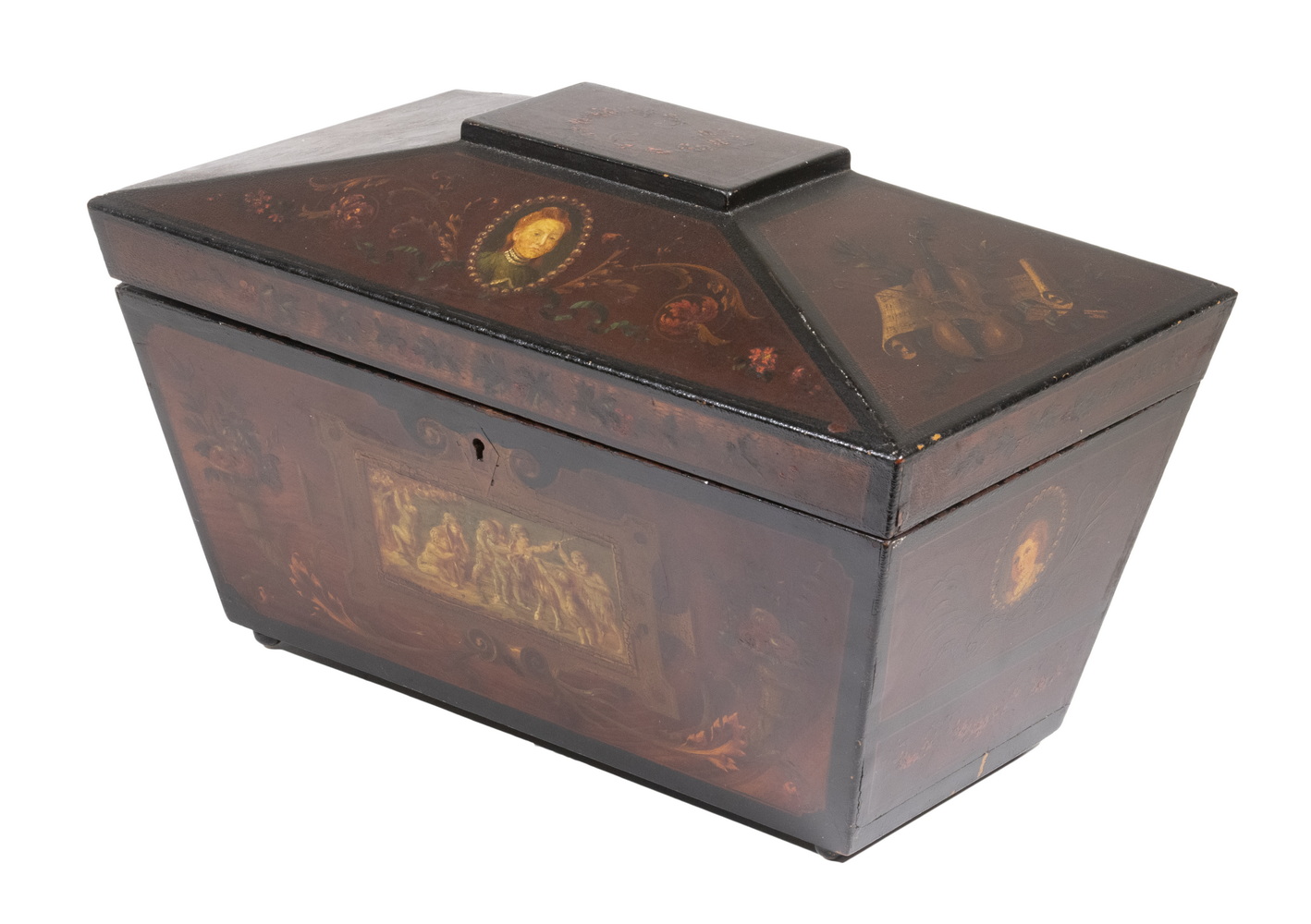 Appraisal: PAINTED ROSEWOOD KEEPSAKE BOX Circa English Sarcophagus Form Box originally