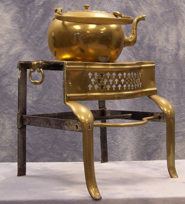 Appraisal: Brass tea kettle on brass and steel trivet w h