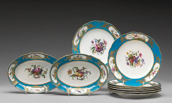 Appraisal: Seven S vres porcelain plates and two oval serving dishes