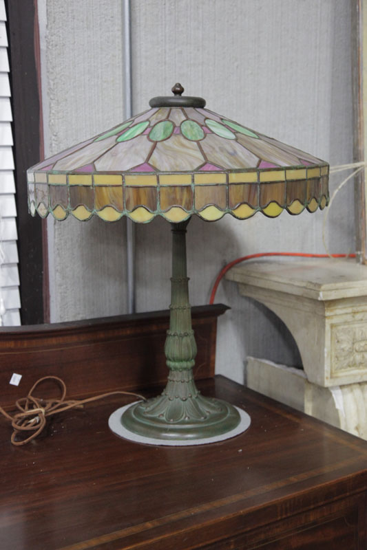 Appraisal: LEADED GLASS TABLE LAMP Attributed to Duffner Kimberly Bronze patinated