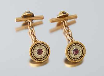 Appraisal: A Pair of Garnet and Enamel Cufflinks Tested k yellow