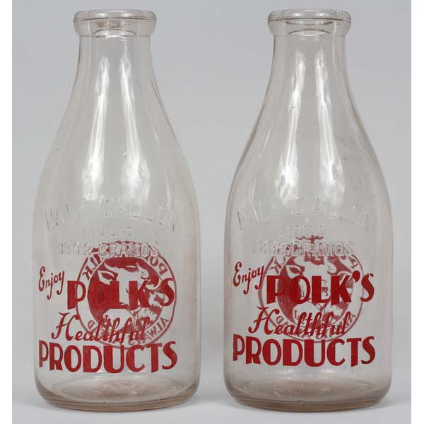 Appraisal: Two Embossed and Pyro Gallon Polk's Milk advertising bottles