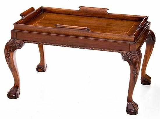 Appraisal: Chippendale style carved mahogany tray table rectangular top with scroll