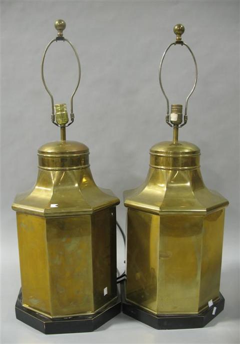 Appraisal: PAIR OF LARGE BRASS CANNISTER LAMPS Of octagonal paneled form