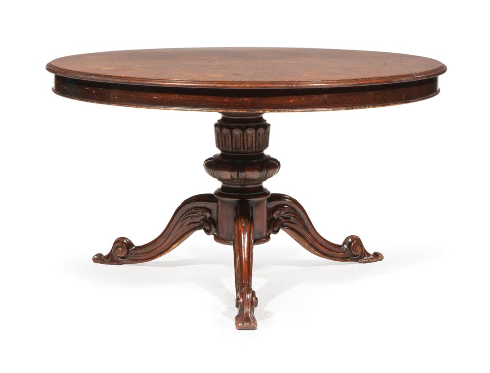 Appraisal: Antique Irish Victorian Mahogany and Marquetry Breakfast Table tilt-top bulbous