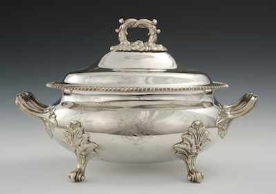 Appraisal: A Regency Style Sheffield Plate Soup Tureen with Coat of