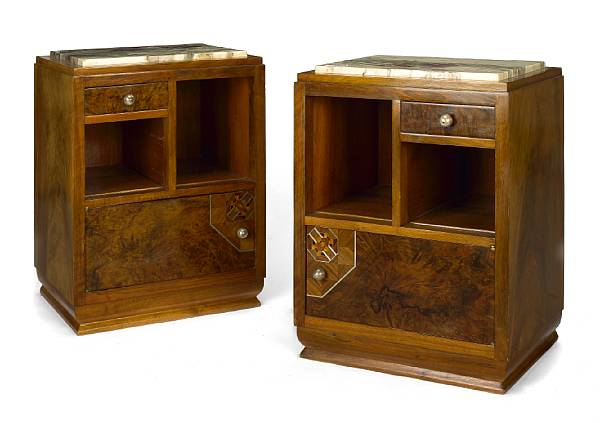 Appraisal: A pair of Art Deco walnut and marble side cabinets