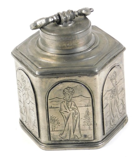 Appraisal: A thC Zinh pewter tea canister of hexagonal form decorated