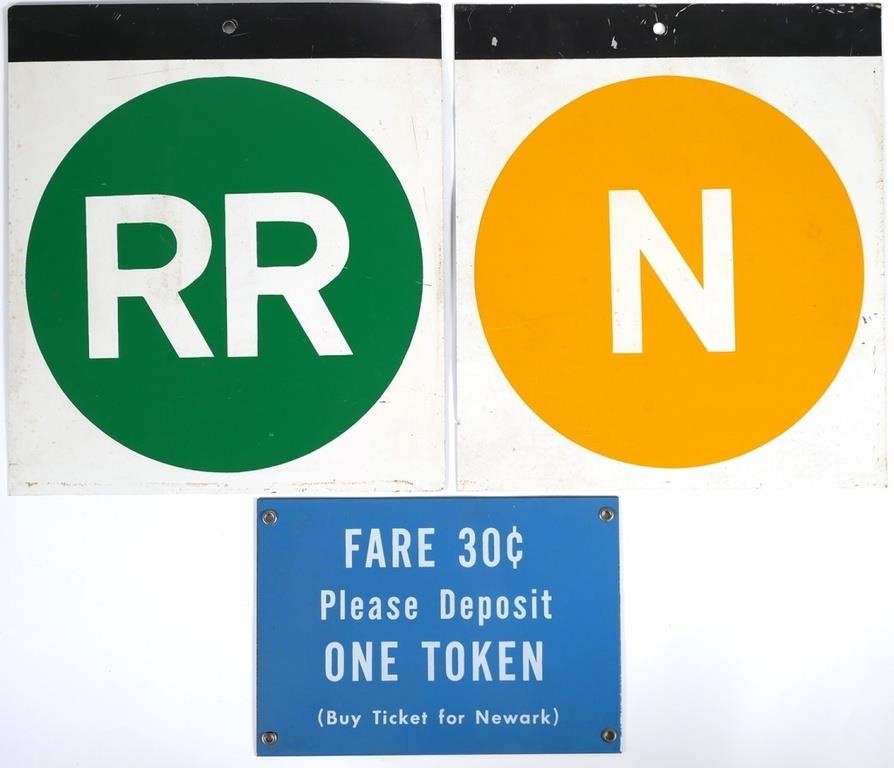 Appraisal: Three vintage metal subway signs from NYC One for the