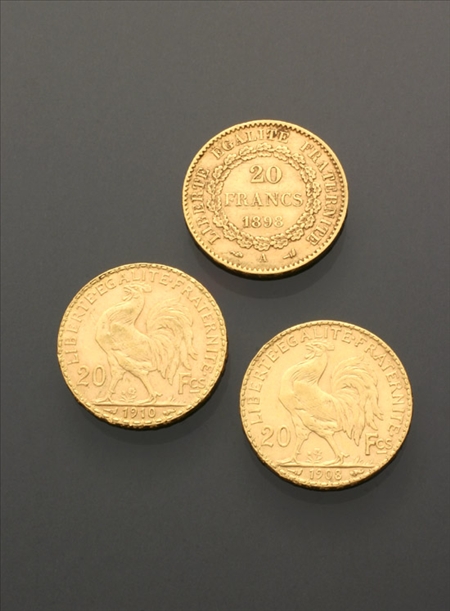 Appraisal: Three French Twenty-Franc Gold Coins Dated and