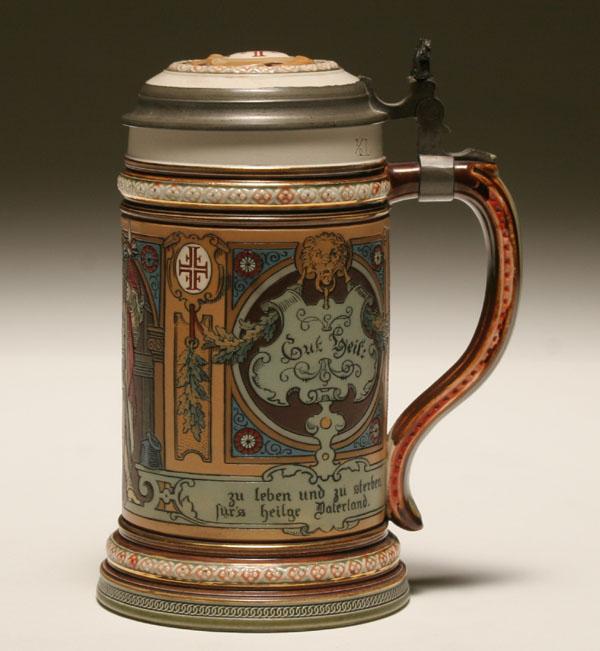 Appraisal: Beer stein Mettlach German vessel with abundant robust decoration incised