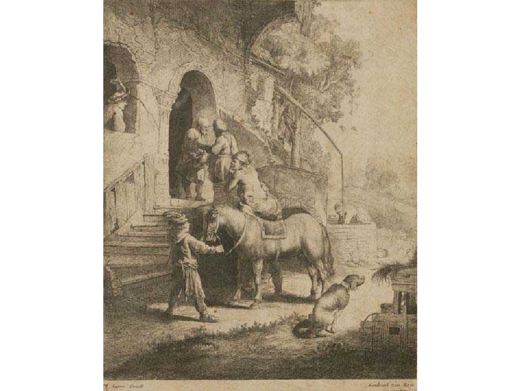 Appraisal: After Rembrandt Van Rin Horse dog and figures at an