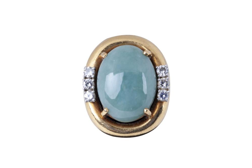 Appraisal: KARAT GOLD JADEITE DIAMOND RINGthe cabochon stone measuring approx x