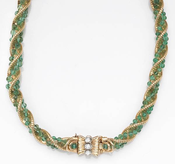 Appraisal: An emerald bead diamond and k gold convertable necklace-bracelet necklace