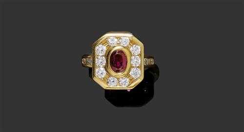 Appraisal: RUBY AND BRILLIANT-CUT DIAMOND RING Yellow gold Casual-elegant ring the