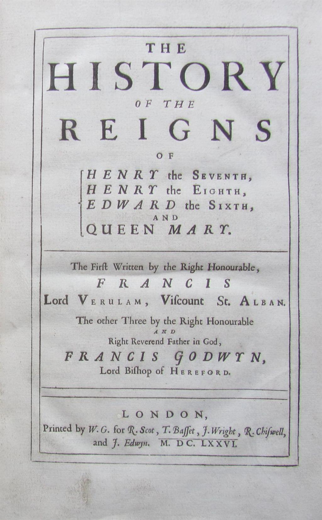 Appraisal: BACON FRANCIS THE HISTORY OF THE REIGNS OF HENRY SEVENTH