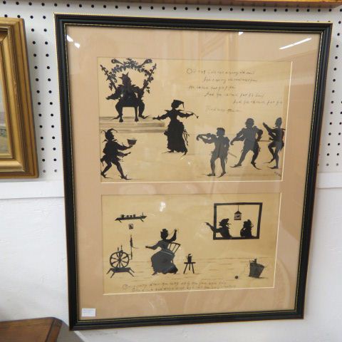 Appraisal: th Century Silhouttes Old King Cole Spinning Wheel scene each