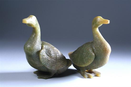 Appraisal: PAIR CHINESE GREEN SOAPSTONE FIGURE OF DUCKS - in high