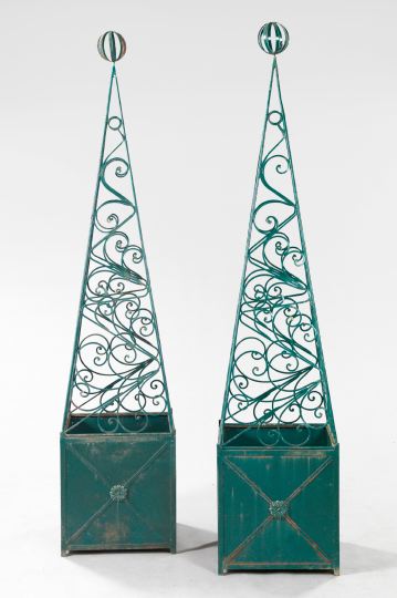 Appraisal: Large and Impressive Pair of Wrought-Iron Obelisk-Form Topiaries each with