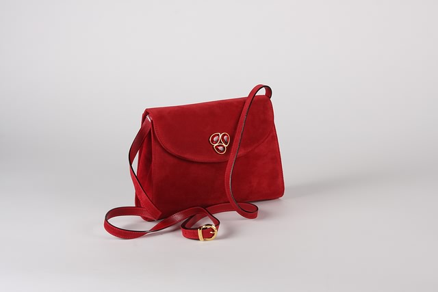 Appraisal: Salvatore Ferragamo red suede handbag lined black calf shoulder strap