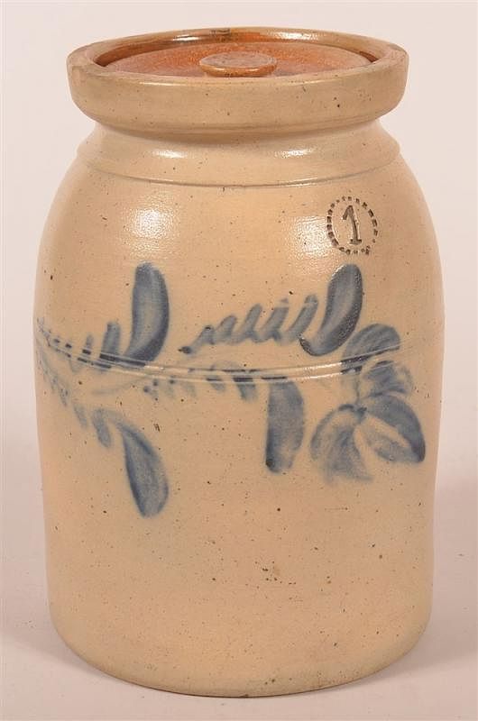 Appraisal: th C PA Stoneware Jar w Cobalt Slip Tulip Unsigned