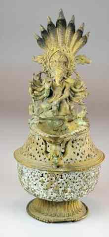 Appraisal: Large Tibetan Ewer Form Butter LampIntricately carved large bronze ewer-shaped