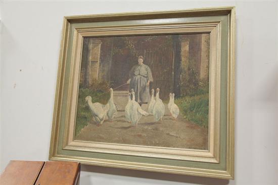 Appraisal: WOMAN WITH GEESE PAINTING Oil on artist's board signed lower