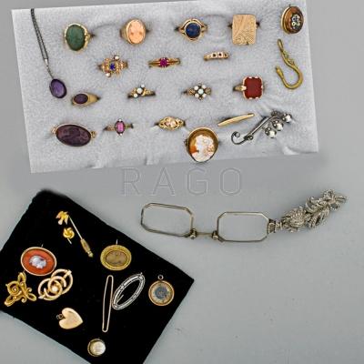 Appraisal: THIRTY-THREE PIECE ANTIQUE JEWELRY BOX LOT Rings brooches lorgnette pendants