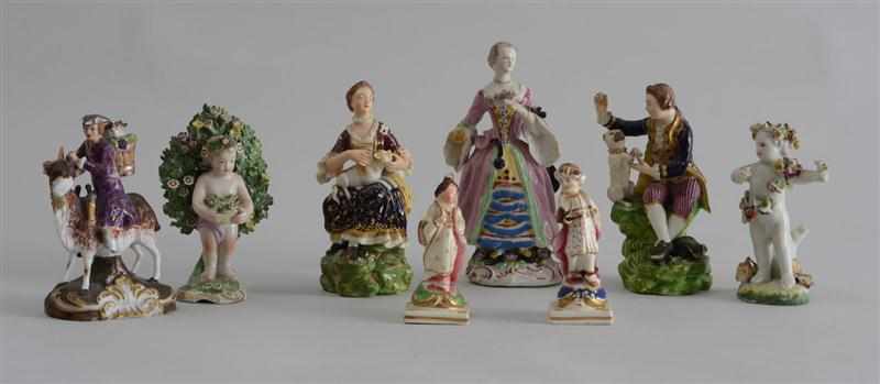 Appraisal: GROUP OF EIGHT ENGLISH PORCELAIN FIGURES Comprising a Derby Dr