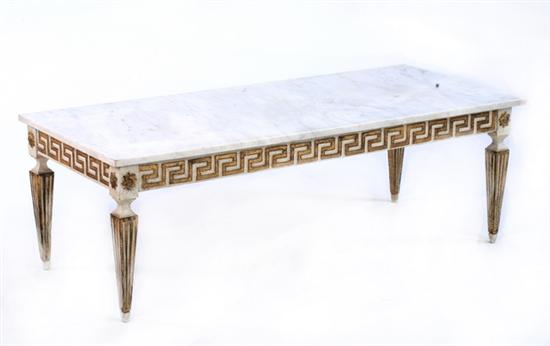 Appraisal: ITALIAN NEOCLASSICAL STYLE PAINTED AND PARCEL-GILT MARBLE-TOP LOW TABLE th